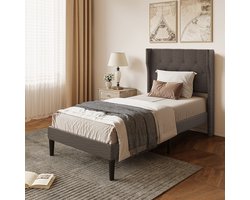 Xbro Gestoffeerd Bed 90 x 200 cm met Hoofdbord en Lattenbodem, Eenpersoonsbed met 20 cm Opbergruimte, Gemakkelijk te Monteren