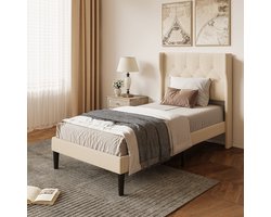 Xbro Gestoffeerd Bed 90 x 200 cm met Hoofdbord en Lattenbodem, Eenpersoonsbed met 20 cm Opbergruimte, Gemakkelijk te Monteren