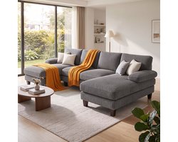 Xbro Hoekbank in U-Vorm met Slaapfunctie – U-bank met Dikke Kussens – Corduroy – Donkergrijs