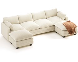 Xbro Hoekbank met Slaapfunctie – U-vormige Bank met Verplaatsbare Hocker – Corduroy – 6-Zits – Beige