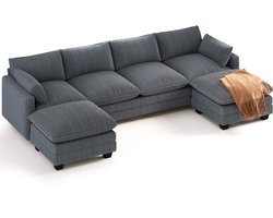 Xbro Hoekbank met Slaapfunctie – U-vormige Bank met Verplaatsbare Hocker – Corduroy – 6-Zits – Donkergrijs