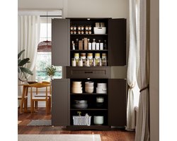 Xbro Keukenkast met 4 Deuren en 2 Lades – Voorraadkast met verstelbare planken – Hoge opbergkast voor keuken en woonkamer – 73 × 39 × 180 cm – Donkerbruin