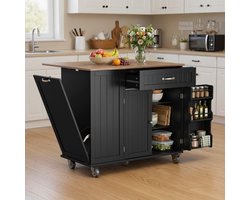 Xbro Keukentrolley op Wieltjes met 1 Lade en 3 Deuren，Keukeneiland Verplaatsbaar met Inklapbaar Werkblad，Keukenwagen，Serveerwagen，Keuken Organizer，Zwart