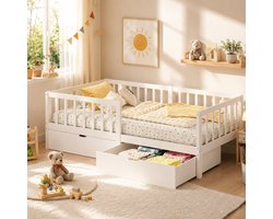 Xbro Kinderbed 90 x 200 cm, Montessori Vloerbed met Valbeveiliging, Eenpersoonsbed 90 x 200 cm met Opbergruimte,Wit