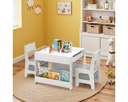 Xbro Kindertafel met Schoolbord en Whiteboard, Kinder Tekentafel, Speeltafel met Opbergruimte, 3-in-1 Kindertafel en Stoeltjes, Ideaal voor tekenen, knutselen en leren, Wit