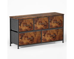 Xbro Ladekast – Dressoir met 5 stoffen lades, compact & multifunctioneel – retro houten bovenblad, metalen frame – ideaal voor slaapkamer, woonkamer, hal – breedte ca.100 cm