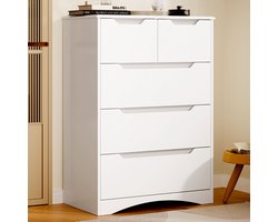 Xbro Ladekast met 5 Ruime Laden – Commode met Uitgesneden Handgrepen en Kantelbeveiliging – Voor Slaapkamer, Woonkamer of Kantoor – Wit – 72 x 41 x 94 cm