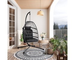 Xbro Luxe Hangstoel met standaard van PE-rattan, Egg Chair met Dikke Kussens, Opvouwbare Egg Hangstoel voor tuin, balkon en woonkamer,360° drehbar，Draagvermogen 160 kg，Zwart