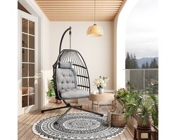 Xbro Luxe Hangstoel met standaard van PE-rattan, Egg Chair met Dikke Kussens, Opvouwbare Egg Hangstoel voor tuin, balkon en woonkamer,360° drehbar，Draagvermogen 160 kg，Grijs