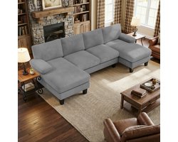 Xbro Moderne Hoekbank in U-vorm, U-Bank 4 zits met dikke kussens, Hoekbank met lampenstof en hoge poten, 270 x 122 x 86 cm, geschikt voor woonkamer, Donkergrijs