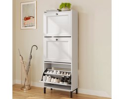 Xbro Schoenenkast met 3 Klapdeuren – Dubbele Diepte – Smal Schoenenrek met Bovenplank – Voor Hal & Slaapkamer – 50 x 130 x 24 cm – Wit