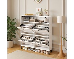 Xbro Schoenenkast met 4 Klapdeuren – Dubbele Diepte – Modern Schoenenrek met Bovenplank – Voor Hal & Slaapkamer – 100 x 24 x 108 cm – Wit