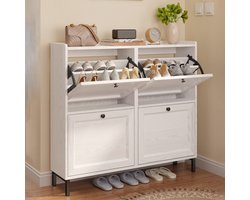 Xbro Schoenenkast met 4 Klapdeuren – Dubbele Diepte – Modern Schoenenrek met Bovenplank – Voor Hal & Slaapkamer – 99 x 24 x 91 cm – Wit