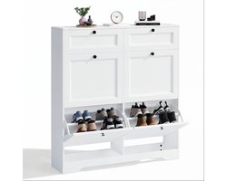 Xbro Schoenenkast met 4 Klapdeuren en 2 Lades – Dubbele Diepte – Modern Schoenenrek met Bovenplank – Voor Hal & Slaapkamer – 95 x 24 x 102 cm – Wit