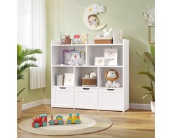 Xbro Speelgoedkast Voor Kinderen, Kinderboekenkast met 3 Laden en 5 Open Opbergruimtes, Kinderkast, Geschikt voor Kinderen vanaf 3 Jaar, 100 x 30 x 90 cm, Wit