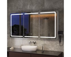 Xbro Spiegelkast met Touch LED-Verlichting, Badkamerspiegelkast met EU-Stekker en Föhnhouder, Badkamerkast met 3 Verstelbare Planken, 120 x 16 x 60 cm