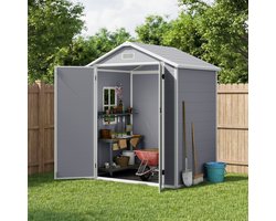 Xbro Tuinhuis met dubbele Deuren en Ramen, Gereedschapsschuur met Slot en Ventilatieopeningen, Kunststof, geschikt voor tuin en terras, weerbestendig, Grijs