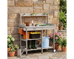 Xbro Tuinkast met Waterdicht Werkblad en Opbergvakken – Plantentafel met Lade, Haken & Wielen – Voor Binnen & Buiten – Houten Opbergkast voor Tuin & Balkon – 112 x 43 x 120 cm,Grijs
