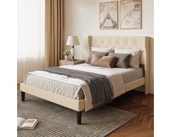 Xbro Tweepersoonsbed met Hoofdbord en Lattenbodem, Gestoffeerd Bed 140 x 200 cm met 20 cm Opbergruimte, Beige