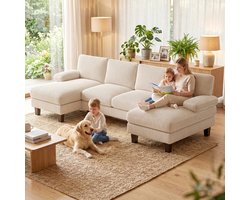 Xbro U Bank 4 Zits met Dikke Kussens，Hoekbank in U-vorm met Slaapfunctie，Corduroy，voor woonkamer，Beige