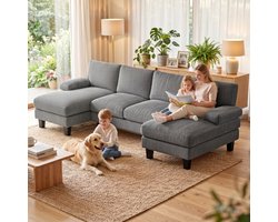 Xbro U Bank 4 Zits met Dikke Kussens，Hoekbank in U-vorm met Slaapfunctie，Corduroy，voor woonkamer，Donkergrijs