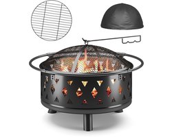 Xbro Vuurschaal – met BBQ grillrooster, vonkenscherm, pook & waterdichte hoes – Vuurkorf – voor tuin – Ø 76 cm – zwart