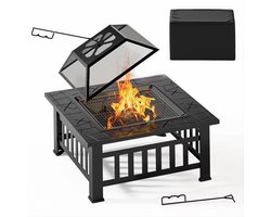 Xbro Vuurschaal – vierkante vuurkorf met BBQ grillrooster, vonkenscherm, pook & waterdichte hoes – voor tuin – 81 x 81 cm – zwart