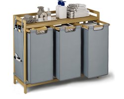 Xbro Wasmand 3 vakken – 125L/mand – Stoffen Wassorteerder met Bamboe houten frame – Met 3 zij-opbergvakken – 94 × 33 × 78 cm (B × D × H)