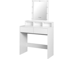 xDays Kaptafel met Spiegel en Verlichting – Witte Make-up Tafel – 145x80x40 cm – Dimbare LED, 2 Lades & 3 Vakken