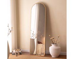 xDays Passpiegel Staand en Wandmontage Goud - Boogspiegel 158x47,5 cm - Metalen Frame - Vrijstaand met Inklapbare Standaard - Afgeronde Hoeken - Slaapkamer Woonkamer