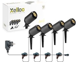 Xelloo® LED Tuinverlichting set Jero van 4 Stuks - 8 meter - Warm Wit Licht - 12V Grondspots voor buiten met Stekker - IP44 Waterbestendig - Tuin Verlichting op Stroom 12 Volt - incl. trafo, kabel en schuifaansluiting - Buitenverlichting