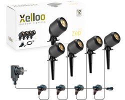 Xelloo® LED Tuinverlichting set Zep van 4 Stuks - 8 meter - Warm Wit Licht - 12V Grondspots voor buiten met Stekker - IP44 Waterbestendig - Tuin Verlichting op Stroom 12 Volt - incl. trafo, kabel en schuifaansluiting - Buitenverlichting