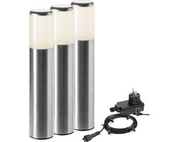 Xelloo® Novu LED Tuinverlichting set van 3 stuks - 8 meter - Warm Wit Licht - 12V Grondspots voor buiten met Stekker - IP44 Waterbestendig - RVS Tuin Verlichting op Stroom 12 Volt - Inclusief trafo, kabel en schuifsysteem - Padverlichting
