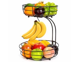 XEMM 2-Laagse Fruitschaal met Bananenhouder - Fruitmand - Ø28 x 35 cm - Grote Metalen Fruitschaal - Zwart