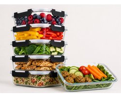 Xemm Meal Prep Bakjes - 6 Stuks - 1l - Glas - Bpa-vrij - Lekvrij en Luchtdicht - Magnetron-, Oven- en Vriezerbestendig