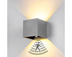 XEOD LED Wandlamp Met Bewegingssensor – Sensor Buitenlamp Binnen Lamp – Waterbestendig – 2700 K – Vierkant – Grijs