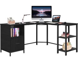 Xergonomic Industrieel hoekbureau met kastje – 150x137x75 cm - Stalen frame met houten hoekbureaublad – Stevige laptoptafel - Zwart