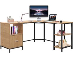 Xergonomic Industrieel hoekbureau met kastje– Stalen frame met houten hoekbureaublad – 150x137x75 cm - Stevige laptoptafel – Zwart/Naturel