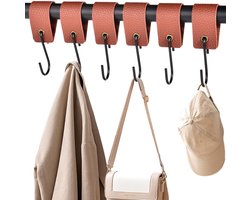 XHTXHT 6 stuks S-haken met leren lus, bruine haken voor kledingroede haken garderobekast kapstok metalen haken voor garderobe keuken badkamer camping (bruin)