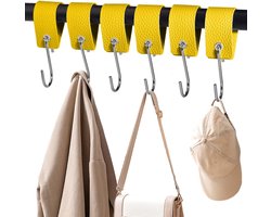 XHTXHT 6 stuks S-haken met leren lus, haken voor kledingroedehaken garderobekasthaken roestvrij staal voor garderobekast keuken badkamer camping (geel)