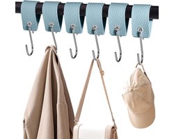 XHTXHT 6 stuks S-haken met leren lus, haken voor kledingroedehaken garderobekasthaken roestvrij staal voor garderobekast keuken badkamer camping (lichtblauw)