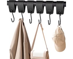 XHTXHT 6 stuks S-haken zwart met leren lus, haken voor kledingroede haken garderobekast kledinghaken roestvrij staal voor garderobe keuken badkamer camping (zwart)