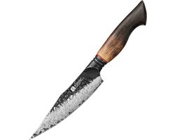 XinZuo Groentemes Damascus – X06 Mo Series – 14 cm – Gebrand Eiken Handvat – Professioneel Keukenmes