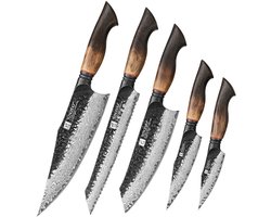 XinZuo Messenset 5-delig – X06 Mo Series – Damascus Staal – Gebrand Eiken Handvat – Complete Keukenmessenset