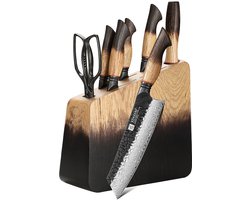 XinZuo Messenset 8-delig – X06 Mo Series – Damascus Staal – Gebrand Eiken Handvat en Blok – Complete Keukenmessenset met keukenschaar en slijpstaaf
