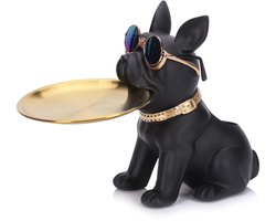 XIYOUQI Hars Franse Bulldog Beeld Opberglade Sleutelhanger voor Haltafel Schattig Honden Butler Beeld met Dienblad Zwarte Franse Bulldog Beeldje Dierensculptuur Tafeldecoratie