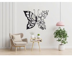 XL Butterfly wanddecoratie - muurdecoratie - Wanddecoratie - Zwart - Houten art - Muurdecoratie - Line art - Wall art - Wandborden - Bohemian - 60x50cm