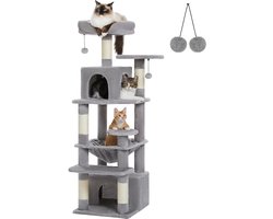 XL Krabpaal voor Binnenkatten – 6 Niveaus Kattenboom met 5 Sisal Krabpalen, Extra Grote Hangmat, Ligplateaus & Kattenhuis – 136cm hoog – Afneembare en Wasbare Kussens – Luxe en Stevige Kattenhuis – Grijs