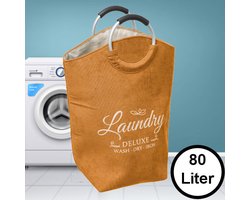 XL Wasmand 80L - Tekst Deluxe Laundry -> Wash Dry Iron - Waszak met handvat - Grote Badkamer Wasmand - Velours - Geel