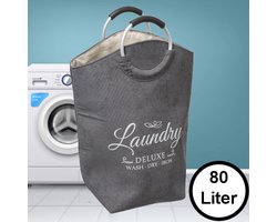 XL Wasmand 80L - Tekst Deluxe Laundry -> Wash Dry Iron - Waszak met handvat - Grote Badkamer Wasmand - Velours - Grijs